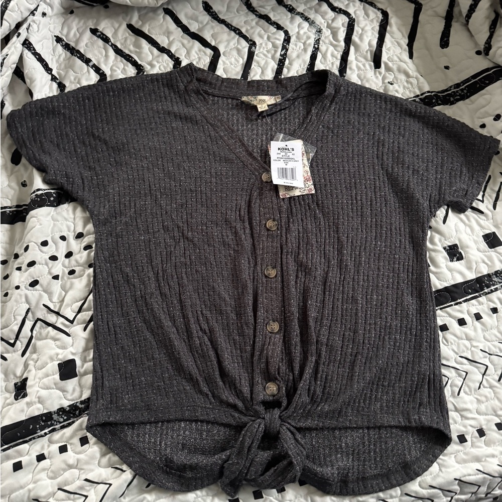 Gray Button-Up Tie Front Top NWT